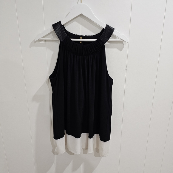 Calvin Klein Colorblock Halter Top Black & White Faux Leather Trim Sz. L - Picture 1 of 11